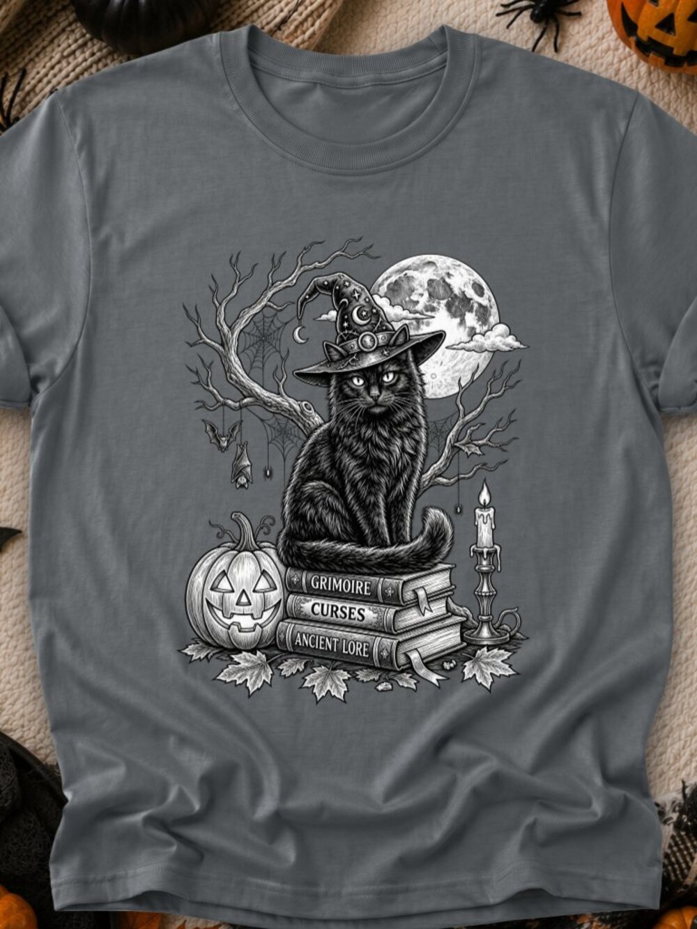 Black Cat Halloween TShirt Graphic Tee Adult Unisex Magic Witch On Books Pumpkin